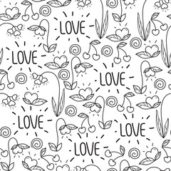 seamless Valentine's day pattern in doodle style isolated on white background.vector elements:hearts,leaves,cherry,flowers and lettering.