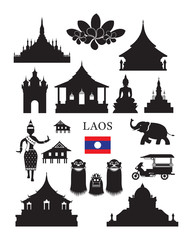 Laos Landmarks and Culture Object Set, Design Elements, Black and White, Silhouette