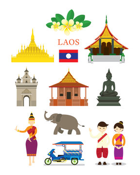 Laos Landmarks and Culture Object Set, Design Elements, Travel and Tourist Attraction