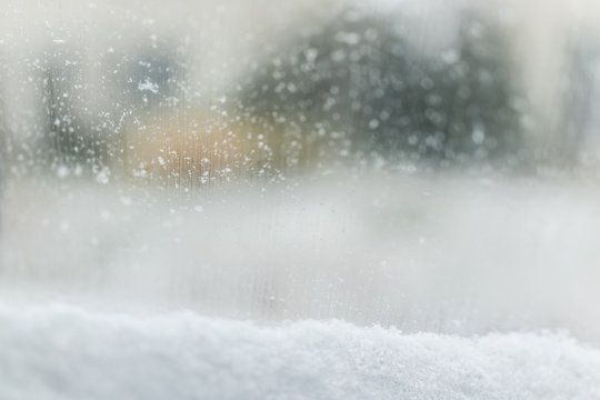 Snow Covered Car Window Glass View From Inside