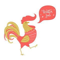 Winter sale card, label, banner. Vector winter holiday background with calligraphy, rooster.