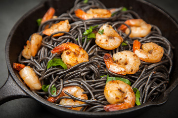Black pasta with shrimps