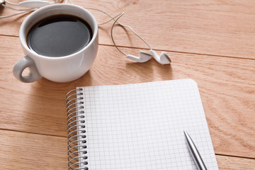 Office supplies, writing concept on wood background