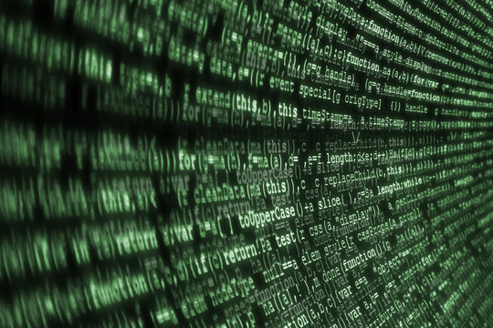 Internet concept, javascript code. Language web pages, computers, network, web.  Black background with curved green text. Old monitors CRT, matrix style.