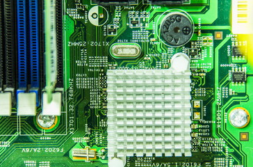 Green system board with microchips and transistors