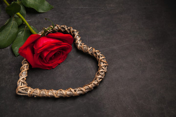 Red rose on dark background with wooden heart shaped, concept of romantic relationship. Congratulation on Valentine's day.