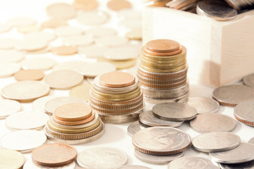 background of Thai coin with wooden trunk..banking and saving money conceptual.