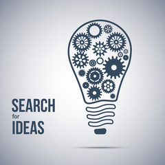 idea search symbol. Light bulb with cogwheels inside. Business lightbulb design illustration