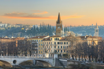 historical quarter of Verona, view from river on Ponte Della Vittoria, Italy