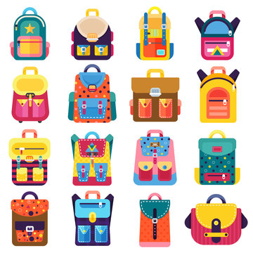Flat school backpacks supplies set icons