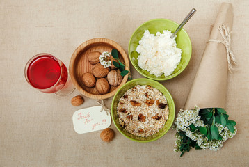Healthy Organic Breakfast.Walnuts,Oatmeal and Cottage Cheese.Romantic breakfast.