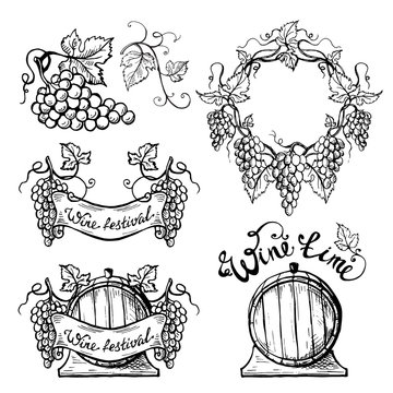 Set of wine emblems in graphic style hand-drawn vector illustration