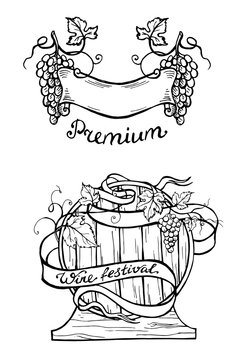 Wood barrel and ribbon and grape in graphic style hand-drawn vector illustration