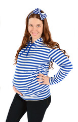 Young smiling beautiful pregnant woman in striped hoody  isolated over white background