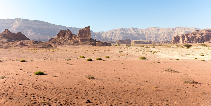 Desert mountains ridge stone sand panorama landscape.
