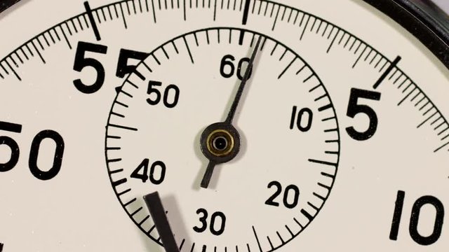 Stopwatch timelapse. A tracking turn to a close up of a time lapse stop watch dial with the hands starting from zero.
