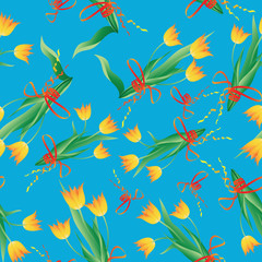 Bouquet of yellow tulips. Seamless pattern. Design for fabric, tapestry, packaging materials, background for website.