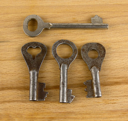 Old keys on a wooden board