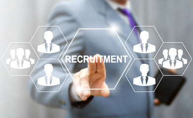 Recruitment Human Resources Interview Job Business Concept. Businessman pressing button on the...
