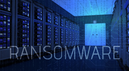 modern interior of server room in datacenter with ransomware tex
