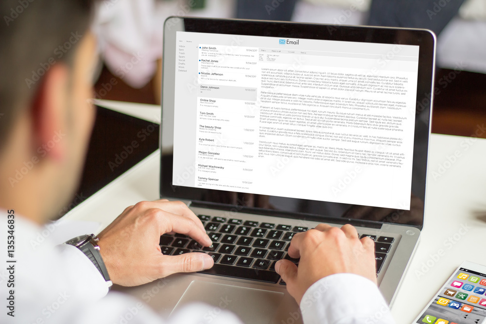 Poster businessman sending mail with computer