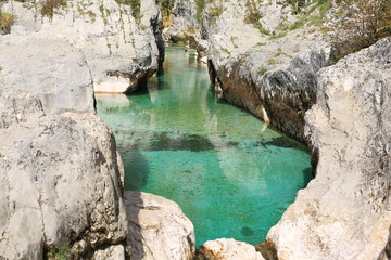 Fototapeta na wymiar Azure Soca River in the Triglev National Park, Slovenia