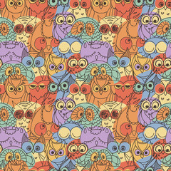 Seamless Pattern with Furry Doodle Owls.