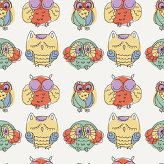 Seamless Pattern with Furry Doodle Owls.