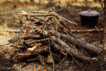 The fire near the camp. Cooking food on a fire. Journey into the wild concept.