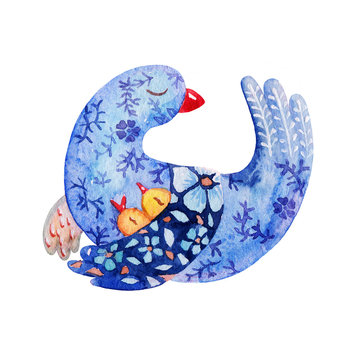lovely watercolor mother bird icon hugging their young isolated on white background. Hand draw illustration Perfect for the children magazine , book