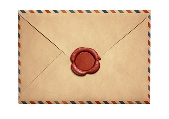 Old air letter envelope with red wax seal isolated