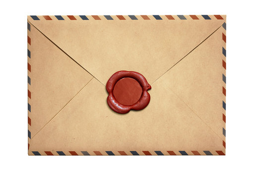 Old air letter envelope with red wax seal isolated