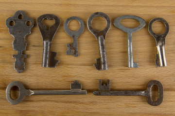 Old keys on a wooden board