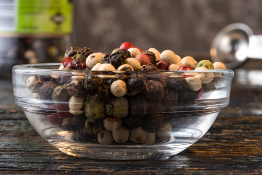 Four Colored Peppercorns in an Ingredient Bowl