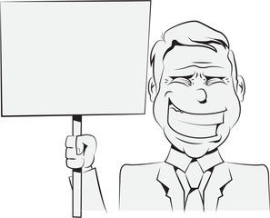 Illustration of a businessman holding a sign black and white