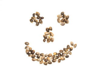 Smiling face made with hemp seeds isolated on white background