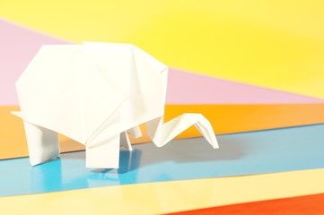 Paper origami elephant isolated on a colorful background