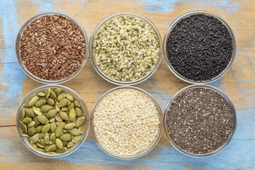 healthy seed collection in glass bowls