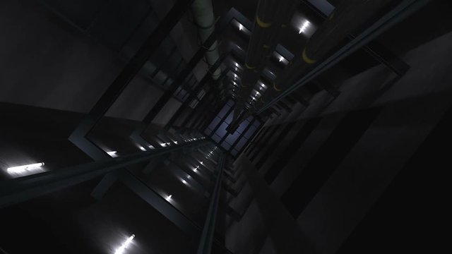 View in a elevator shaft, with moving cabine. camera is following (3d rendering)