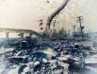 ruins of a city and tornado