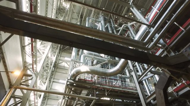 Heat power plant. Panoramic view of the interior of russian thermal power plant. 4K