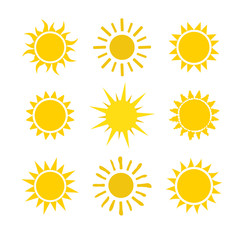 Yellow sun icon set isolated on white background. Modern simple flat sunlight, sign. Trendy vector summer symbol for website design, web button, mobile app. Stock illustration - 135354023