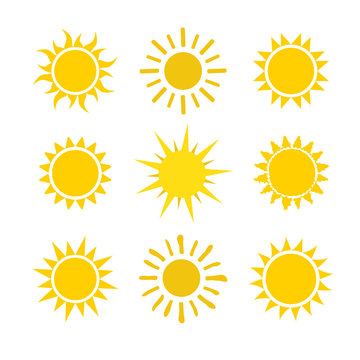 Yellow sun icon set isolated on white background. Modern simple flat sunlight, sign. Trendy vector summer symbol for website design, web button, mobile app. Stock illustration