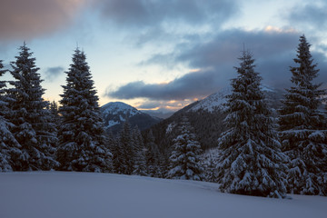 Dramatic evening landscape in the mountains after the snow storm