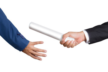 Cropped hand of businessman passing relay baton to colleague
