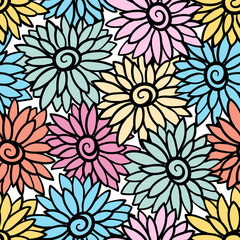 Floral background with stylized blooming chrysanthemum, asters. 