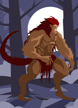 beast hungry monster werewolf in the woods in a full moon night