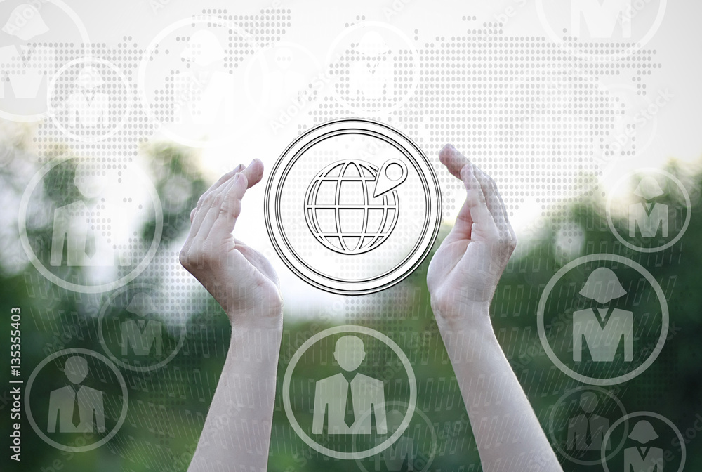 Aufkleber navigation globe gps world search positioning button hand pointing to business engineering concept w