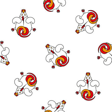 Seamless vector pattern for children. cartoon rooster top view on a white background.