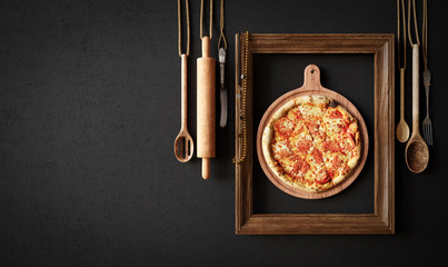 Hot pizza slice with melting cheese with frame concept close up photo